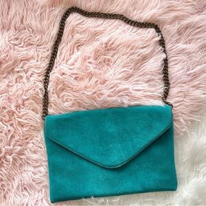 J Crew Turquoise Teal Blue Suede Leather Envelope Clutch Bag Purse
